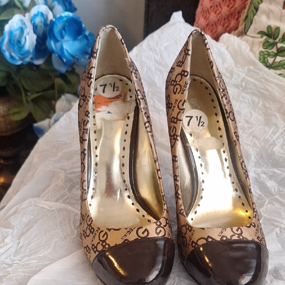 BCBGirls Brown and Tan Logo Heels